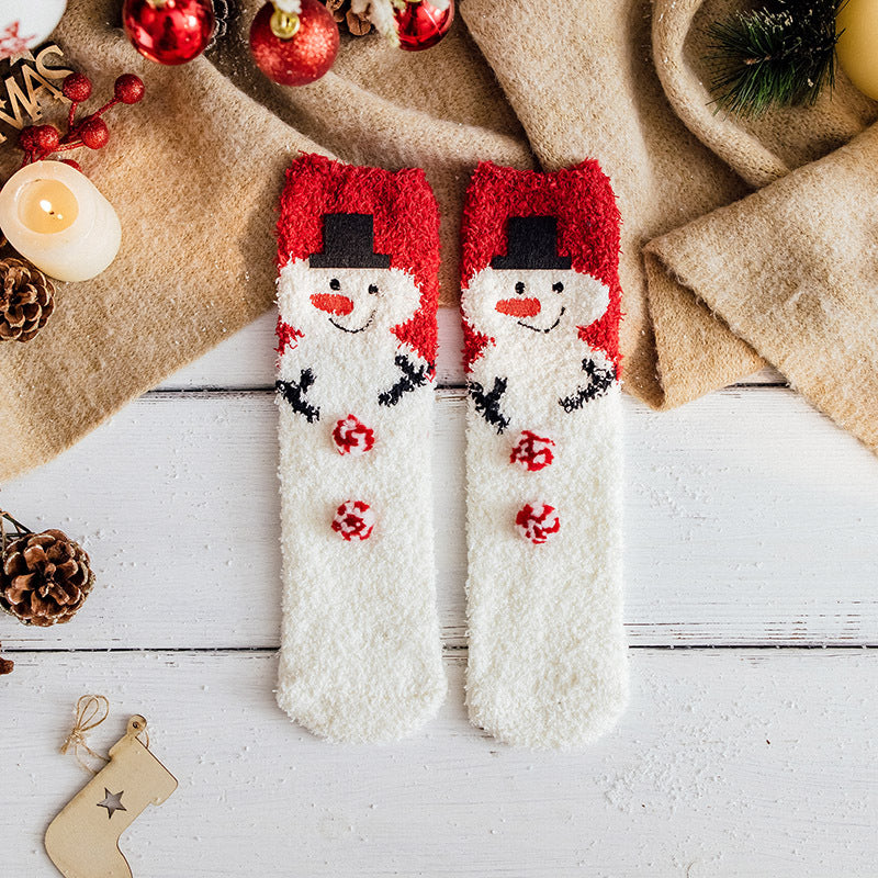 Christmas Socks Fuzzy 2024 New Thick Coral Velvet Crew Floor Socks Cartoon Red Santa Claus Reindeer Poinsettia Snowman for Women Girls Gifts Cute Fun