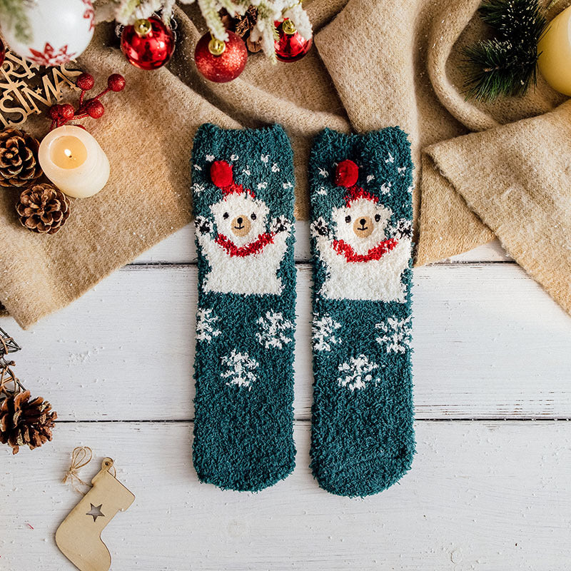 Christmas Socks Fuzzy 2024 New Thick Coral Velvet Crew Floor Socks Cartoon Red Santa Claus Reindeer Poinsettia Snowman for Women Girls Gifts Cute Fun