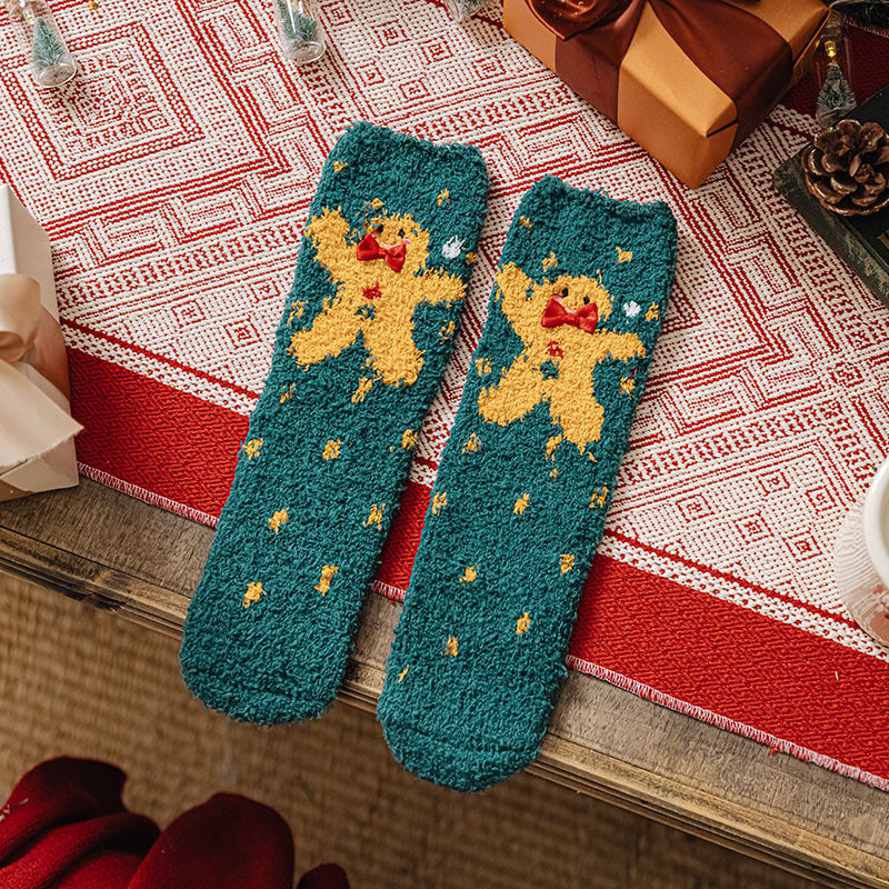 Christmas Socks Fuzzy 2024 New Thick Coral Velvet Crew Floor Socks Cartoon Red Santa Claus Reindeer Poinsettia Snowman for Women Girls Gifts Cute Fun
