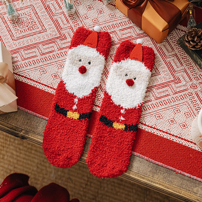 Christmas Socks Fuzzy 2024 New Thick Coral Velvet Crew Floor Socks Cartoon Red Santa Claus Reindeer Poinsettia Snowman for Women Girls Gifts Cute Fun