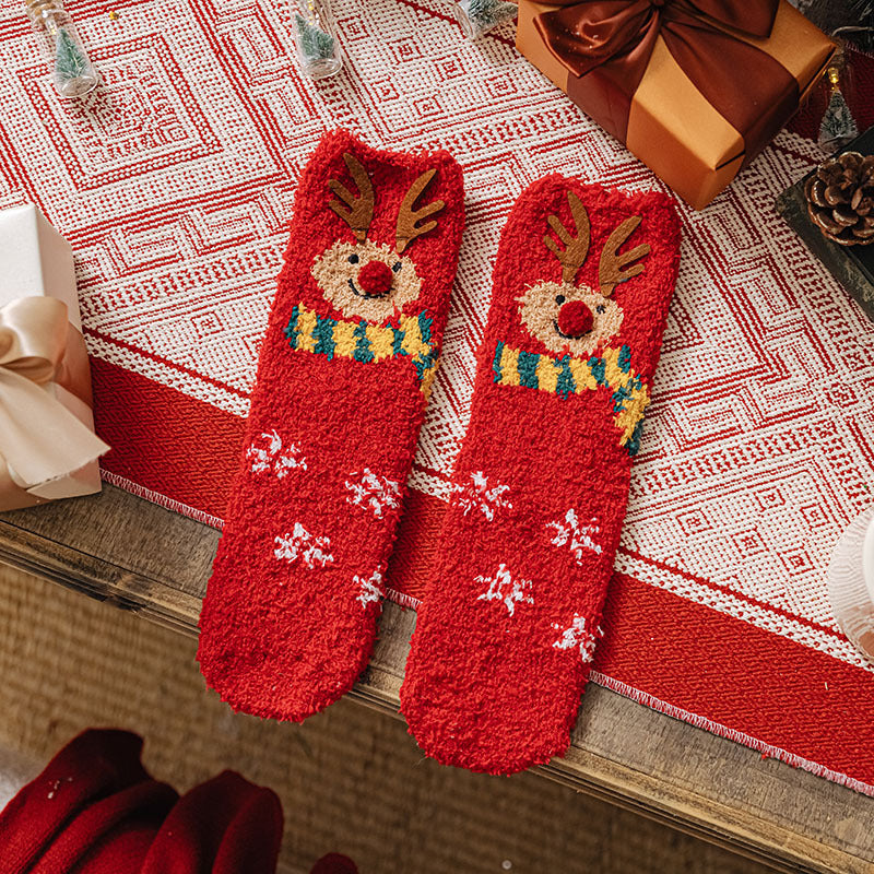 Christmas Socks Fuzzy 2024 New Thick Coral Velvet Crew Floor Socks Cartoon Red Santa Claus Reindeer Poinsettia Snowman for Women Girls Gifts Cute Fun