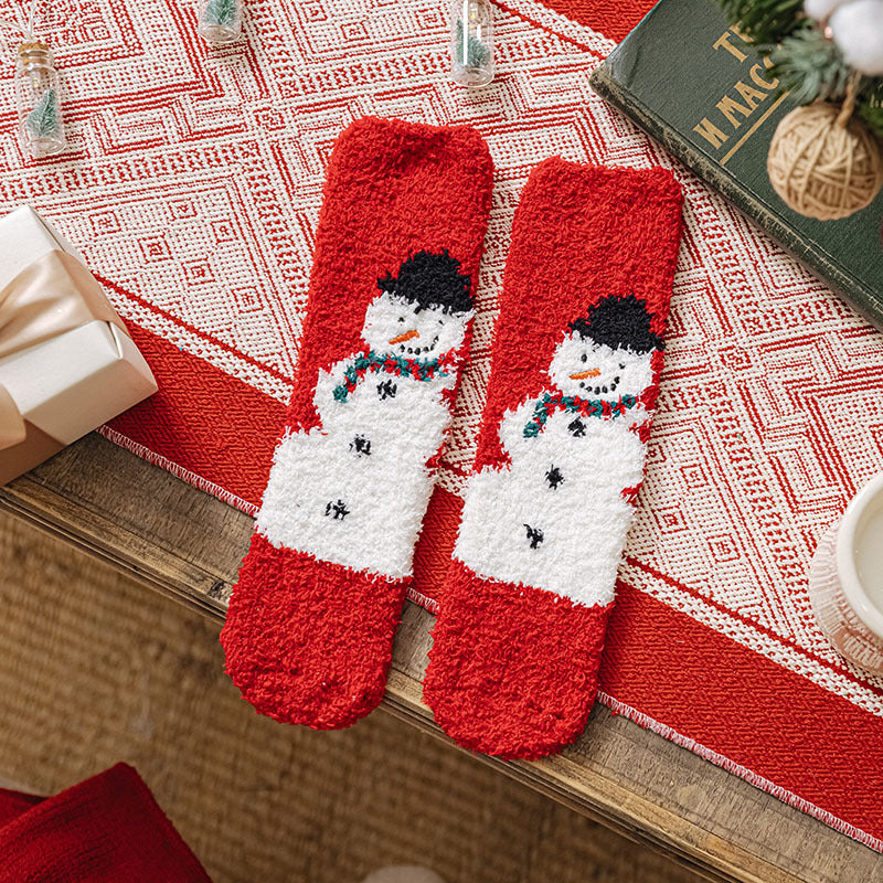 Christmas Socks Fuzzy 2024 New Thick Coral Velvet Crew Floor Socks Cartoon Red Santa Claus Reindeer Poinsettia Snowman for Women Girls Gifts Cute Fun