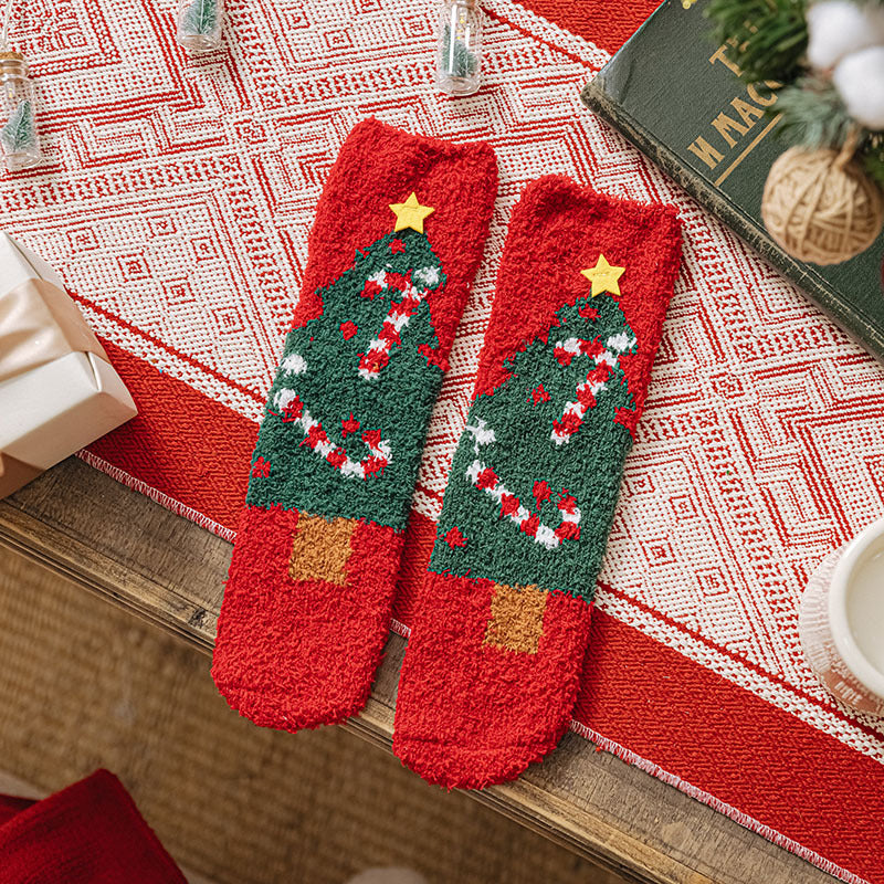 Christmas Socks Fuzzy 2024 New Thick Coral Velvet Crew Floor Socks Cartoon Red Santa Claus Reindeer Poinsettia Snowman for Women Girls Gifts Cute Fun