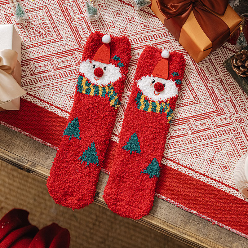 Christmas Socks Fuzzy 2024 New Thick Coral Velvet Crew Floor Socks Cartoon Red Santa Claus Reindeer Poinsettia Snowman for Women Girls Gifts Cute Fun