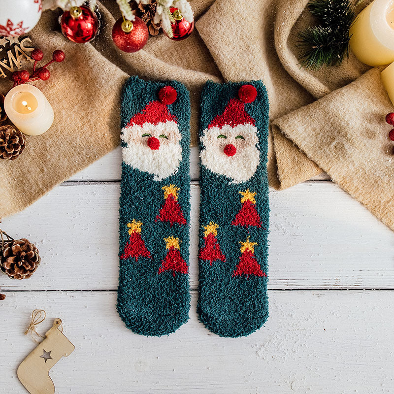Christmas Socks Fuzzy 2024 New Thick Coral Velvet Crew Floor Socks Cartoon Red Santa Claus Reindeer Poinsettia Snowman for Women Girls Gifts Cute Fun