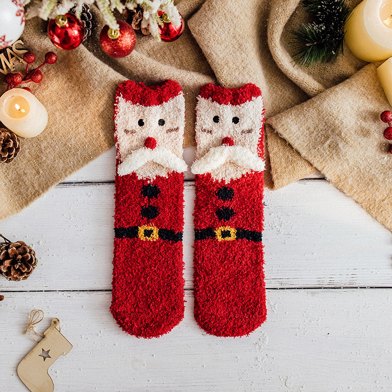 Christmas Socks Fuzzy 2024 New Thick Coral Velvet Crew Floor Socks Cartoon Red Santa Claus Reindeer Poinsettia Snowman for Women Girls Gifts Cute Fun