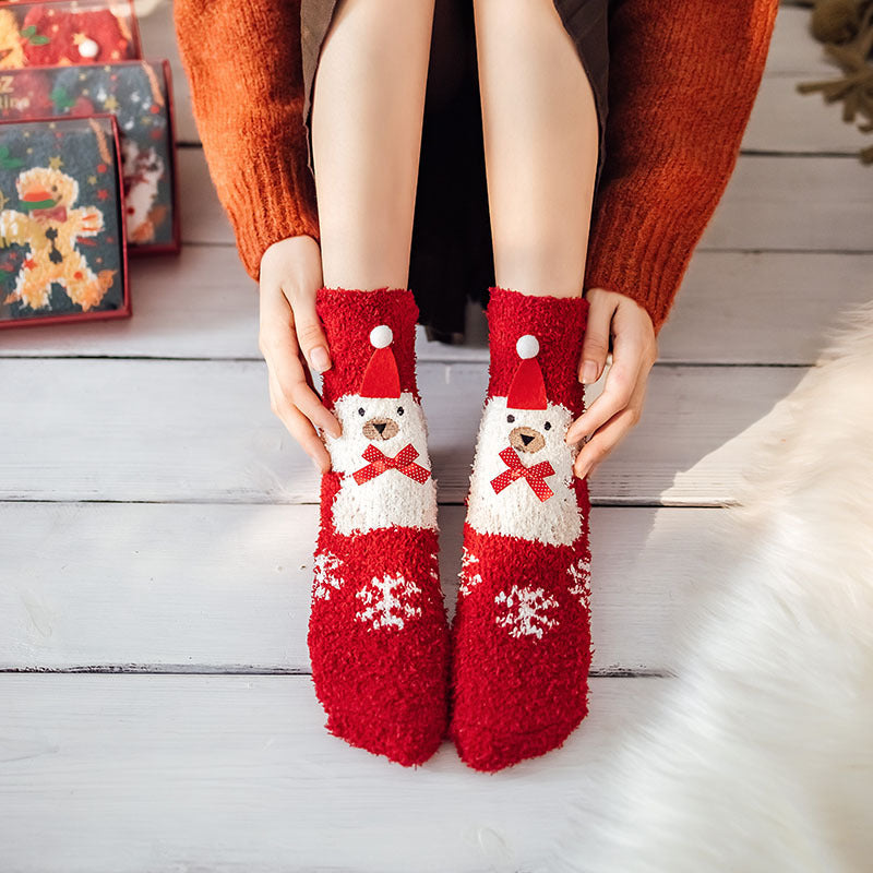 Christmas Socks Fuzzy 2024 New Thick Coral Velvet Crew Floor Socks Cartoon Red Santa Claus Reindeer Poinsettia Snowman for Women Girls Gifts Cute Fun