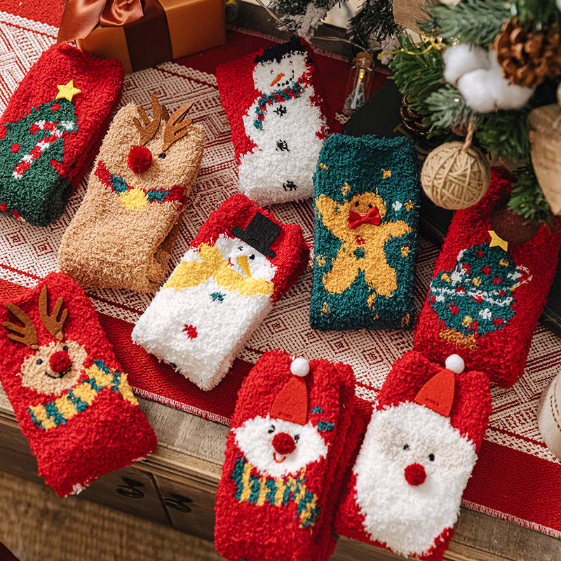 Christmas Socks Fuzzy 2024 New Thick Coral Velvet Crew Floor Socks Cartoon Red Santa Claus Reindeer Poinsettia Snowman for Women Girls Gifts Cute Fun