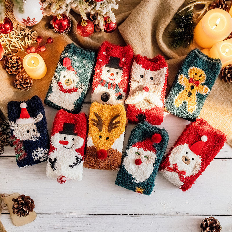 Christmas Socks Fuzzy 2024 New Thick Coral Velvet Crew Floor Socks Cartoon Red Santa Claus Reindeer Poinsettia Snowman for Women Girls Gifts Cute Fun
