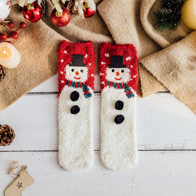 Christmas Socks Fuzzy 2024 New Thick Coral Velvet Crew Floor Socks Cartoon Red Santa Claus Reindeer Poinsettia Snowman for Women Girls Gifts Cute Fun