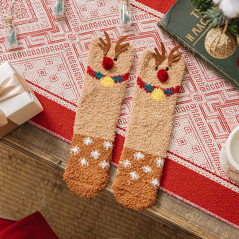 Christmas Socks Fuzzy 2024 New Thick Coral Velvet Crew Floor Socks Cartoon Red Santa Claus Reindeer Poinsettia Snowman for Women Girls Gifts Cute Fun