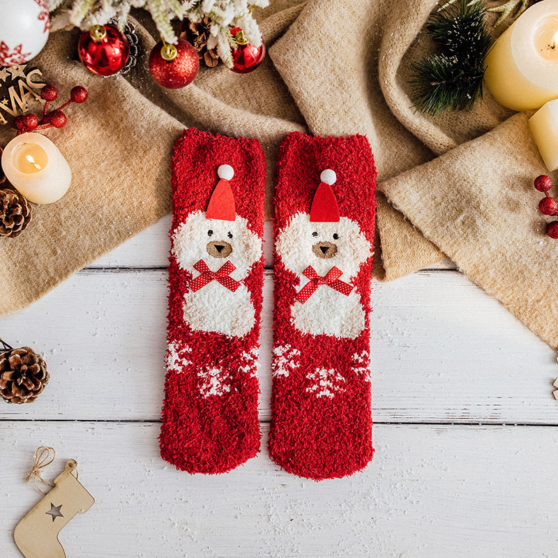Christmas Socks Fuzzy 2024 New Thick Coral Velvet Crew Floor Socks Cartoon Red Santa Claus Reindeer Poinsettia Snowman for Women Girls Gifts Cute Fun