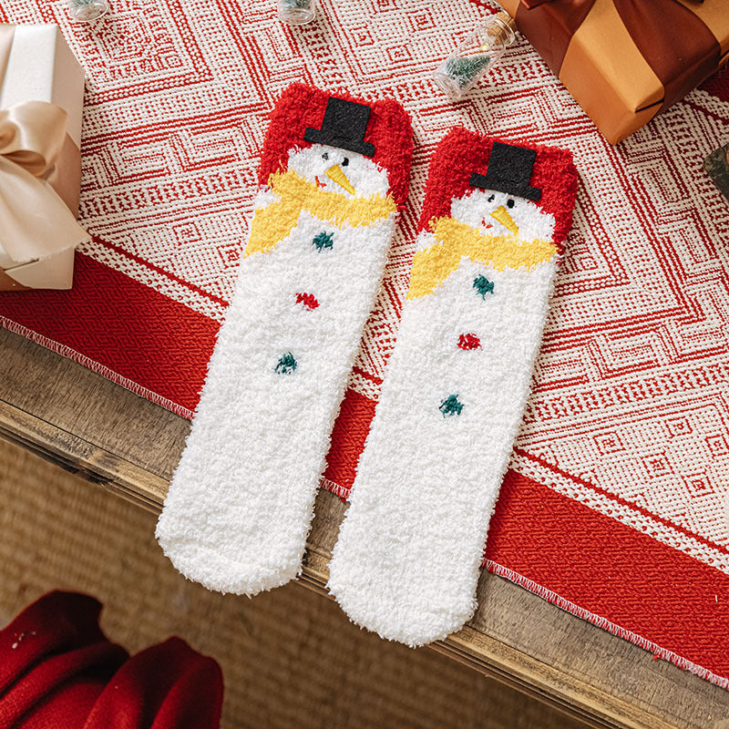 Christmas Socks Fuzzy 2024 New Thick Coral Velvet Crew Floor Socks Cartoon Red Santa Claus Reindeer Poinsettia Snowman for Women Girls Gifts Cute Fun