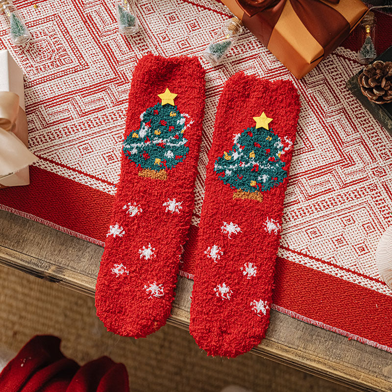 Christmas Socks Fuzzy 2024 New Thick Coral Velvet Crew Floor Socks Cartoon Red Santa Claus Reindeer Poinsettia Snowman for Women Girls Gifts Cute Fun