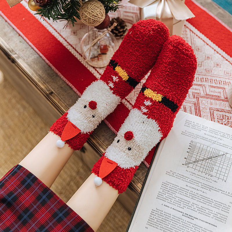 Christmas Socks Fuzzy  2024 New Thick Coral Velvet Crew Floor Socks Cartoon Red Santa Claus Reindeer Poinsettia Snowman for Women Girls Gifts Cute Fun