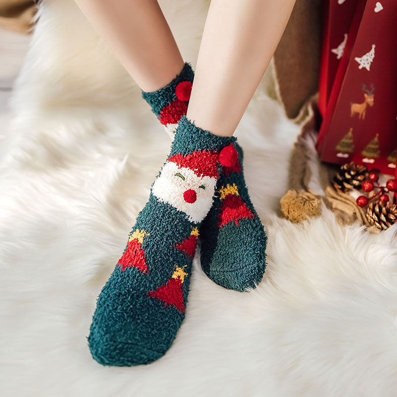 Christmas Socks Fuzzy  2024 New Thick Coral Velvet Crew Floor Socks Cartoon Red Santa Claus Reindeer Poinsettia Snowman for Women Girls Gifts Cute Fun